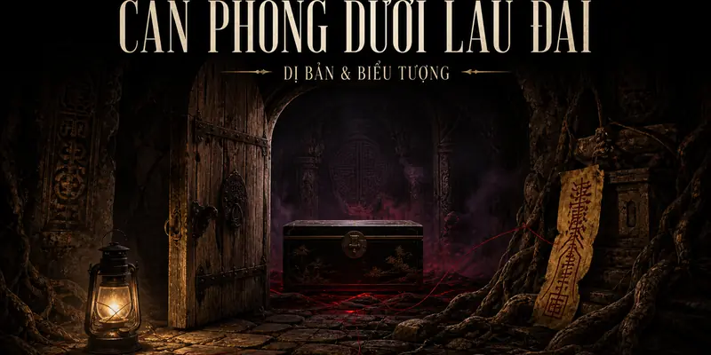 Căn phòng bí mật dưới lâu đài với rương sơn đen, rễ gai và bùa giấy trong dị bản công chúa ngủ trong rừng