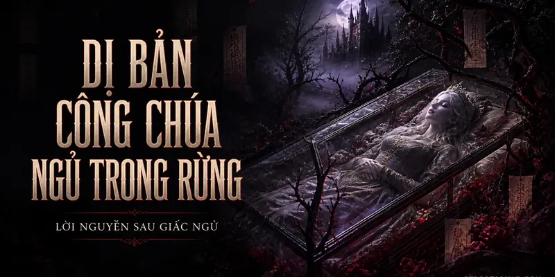 Dị bản về công chúa ngủ trong rừng với công chúa trong quan tài kính giữa rừng gai, sắc đỏ tím huyền bí