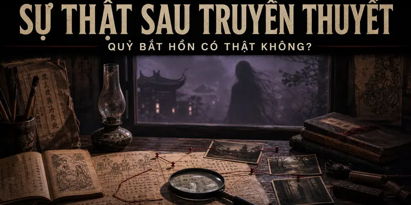Bàn nghiên cứu truyền thuyết với sổ tay và bóng ma bên cửa sổ