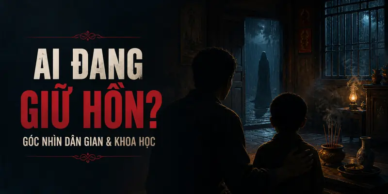 Bóng đen ngoài cửa nhìn vào gia đình trong căn nhà làng Việt