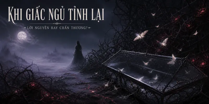 Công chúa đứng bên quan tài kính giữa rừng gai khi giấc ngủ tỉnh lại, bướm đêm và sương tím