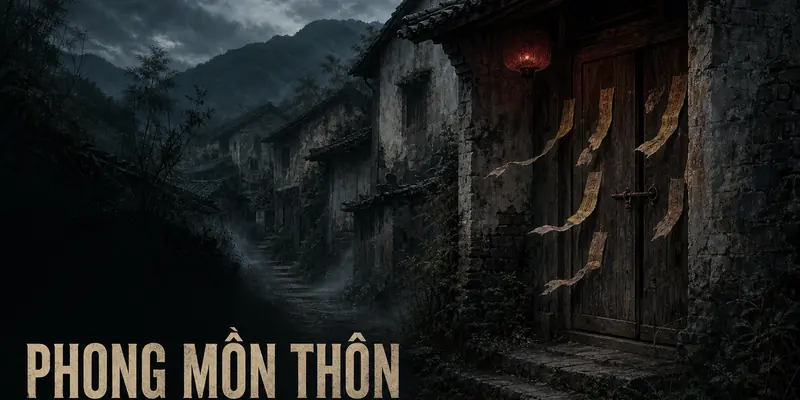 Phong Môn thôn với cửa gỗ, bùa giấy và con đường trong sương