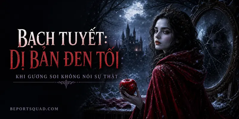 Công chúa Bạch Tuyết trong dị bản Grimm đen tối với quả táo đỏ và chiếc gương nứt