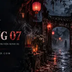 Cover Rằm tháng 07 với cổng làng, đèn lồng đỏ và bóng người trong đêm trăng