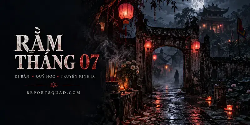 Cover Rằm tháng 07 với cổng làng, đèn lồng đỏ và bóng người trong đêm trăng