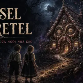 Hänsel và Gretel đứng trước ngôi nhà kẹo ma quái trong khu rừng đêm