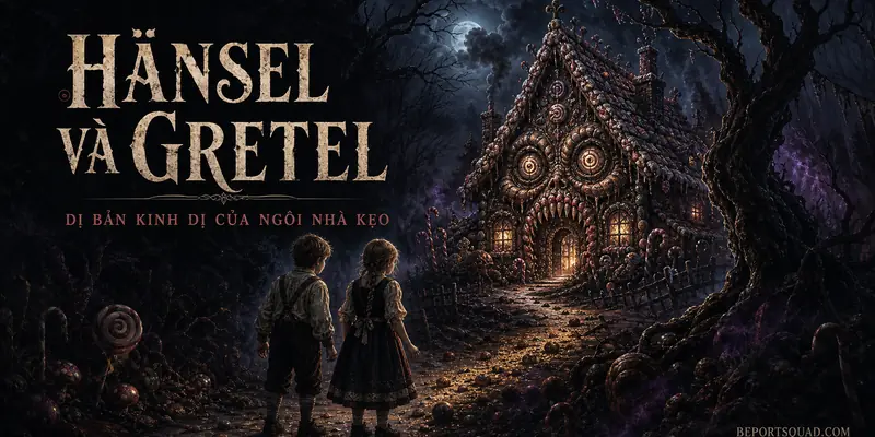 Hänsel và Gretel đứng trước ngôi nhà kẹo ma quái trong khu rừng đêm