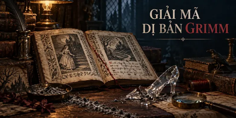 Bàn nghiên cứu cổ với sách truyện Grimm, tro và chiếc giày thủy tinh trong bài phân tích dị bản