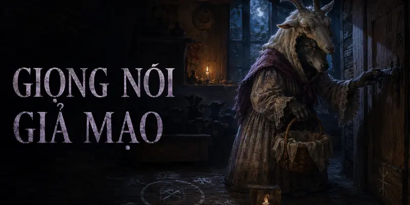 Dị bản Chó sói và bảy chú dê con: chó sói giả giọng mẹ trước cửa nhà