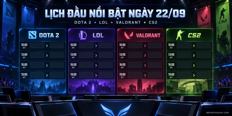 Lịch đấu Esports nổi bật ngày 22/09 cho Dota 2, LoL, Valorant và CS2